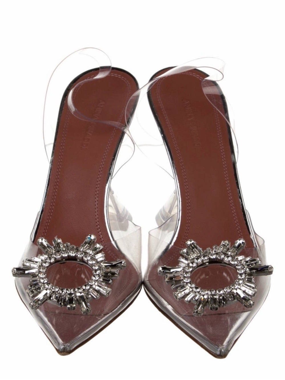 Amina Muaddi Clear Crystal-Embellished Pointed-Toe Slingback Flats